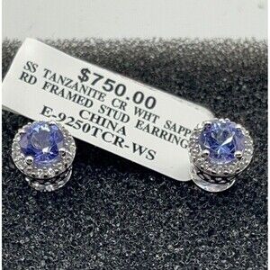 Sterling Silver Blue Tanzanite CR White Sapphire Round Framed Stud Earrings